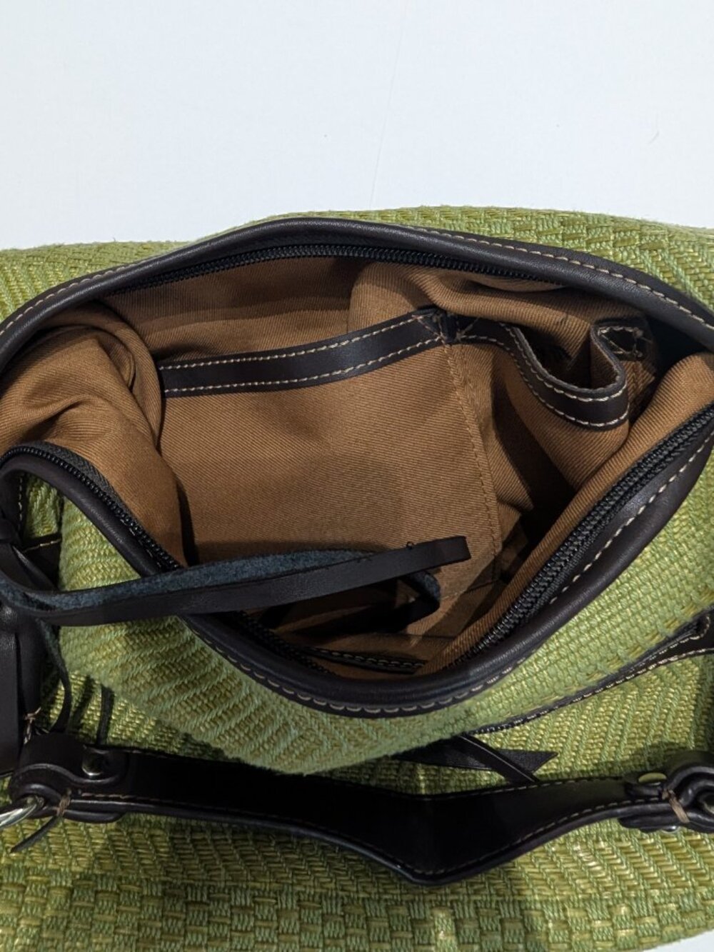 Worthington Green Cotton Woven Hobo Shoulder Bag with Brown Leather Accents - Picture 5 of 11